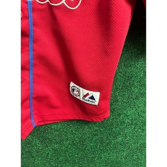 Y2K Youth Philadelphia Phillies Chase Utley Red Button Up Majestic Jersey Sz 7 - Picture 2 of 7